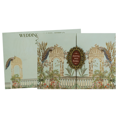 Royal Peacock Pastel Green Wedding Card - KFR16390