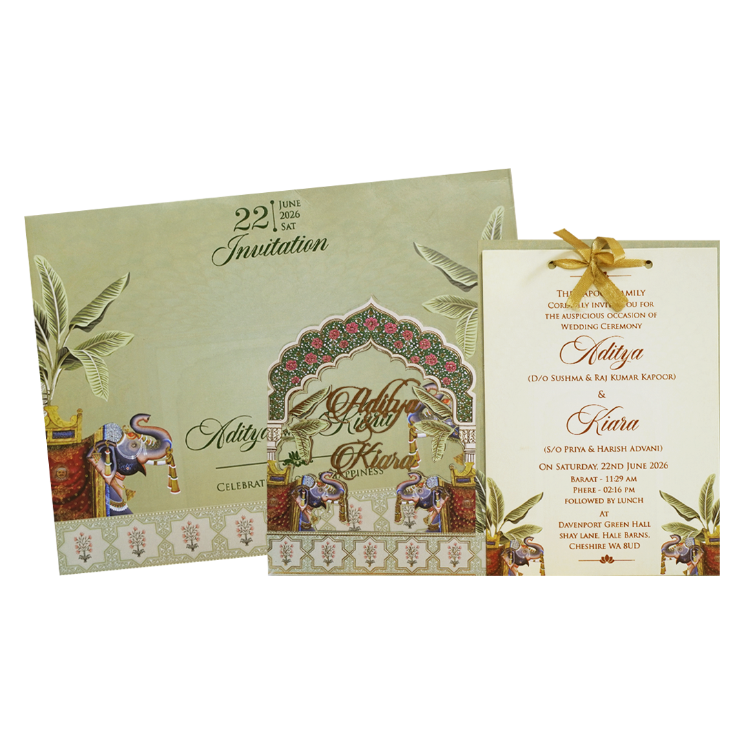 Green Arch Elephant Theme Wedding Card-KFR16070