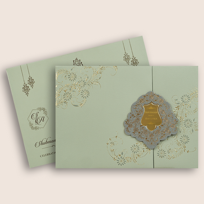 Pastel Green Embossed Floral Door Style Padded Marriage Card - KRB10461