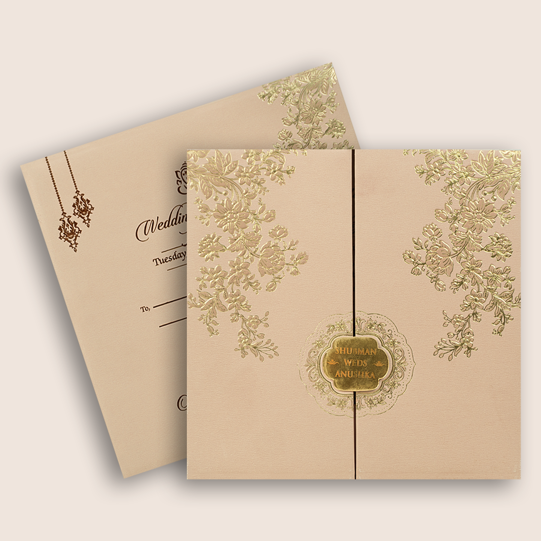 Peach Embossed Floral Door Style Padded Wedding Invitation - KRB10440