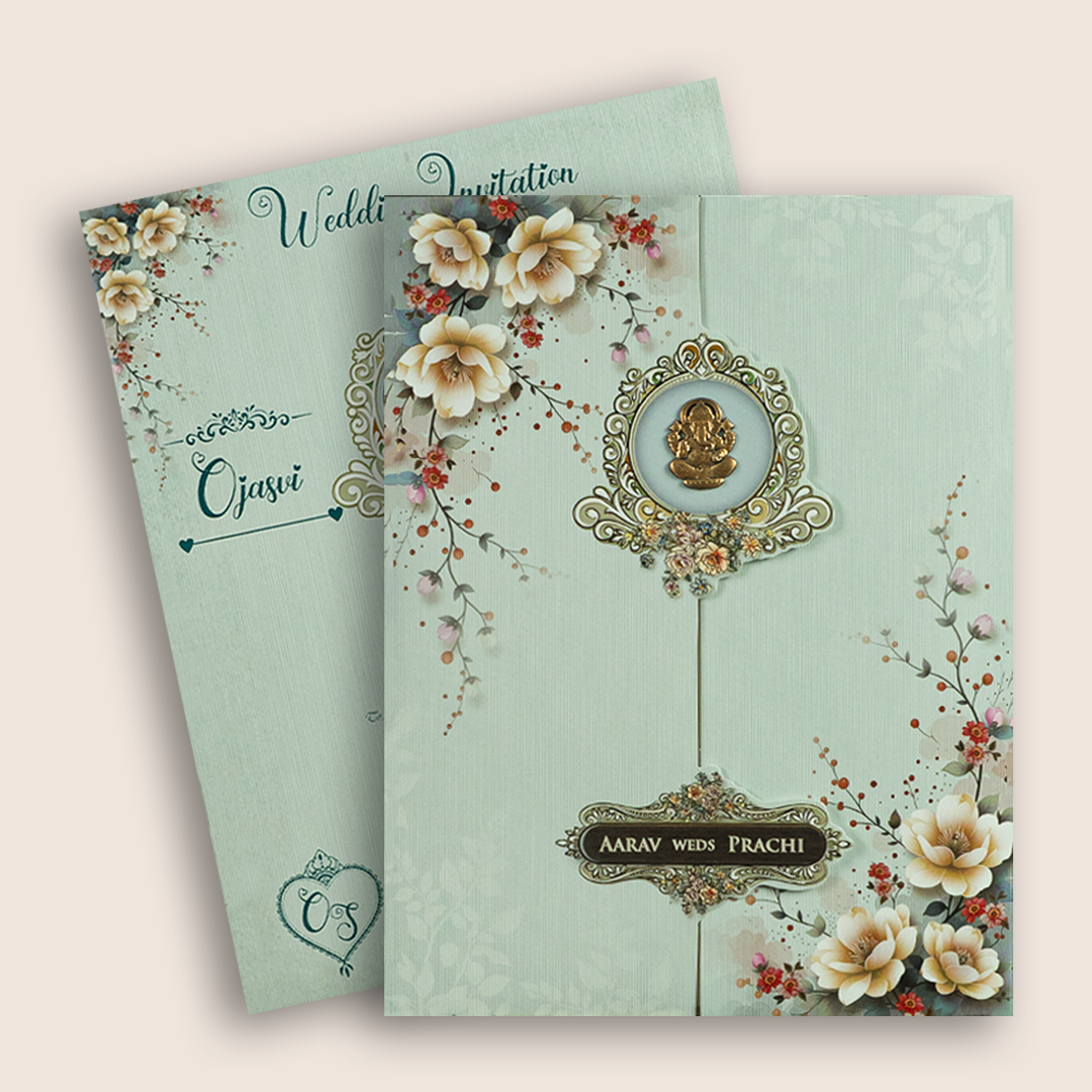 Pastel Blue Floral Door Style Wedding Card - KSH73480
