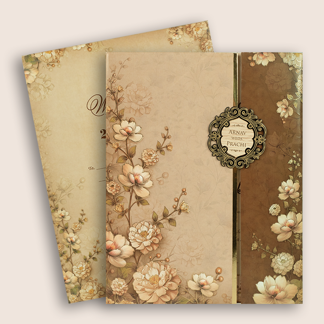 Pastel Brown Floral Door Style Padded Wedding  Card - KSH18900