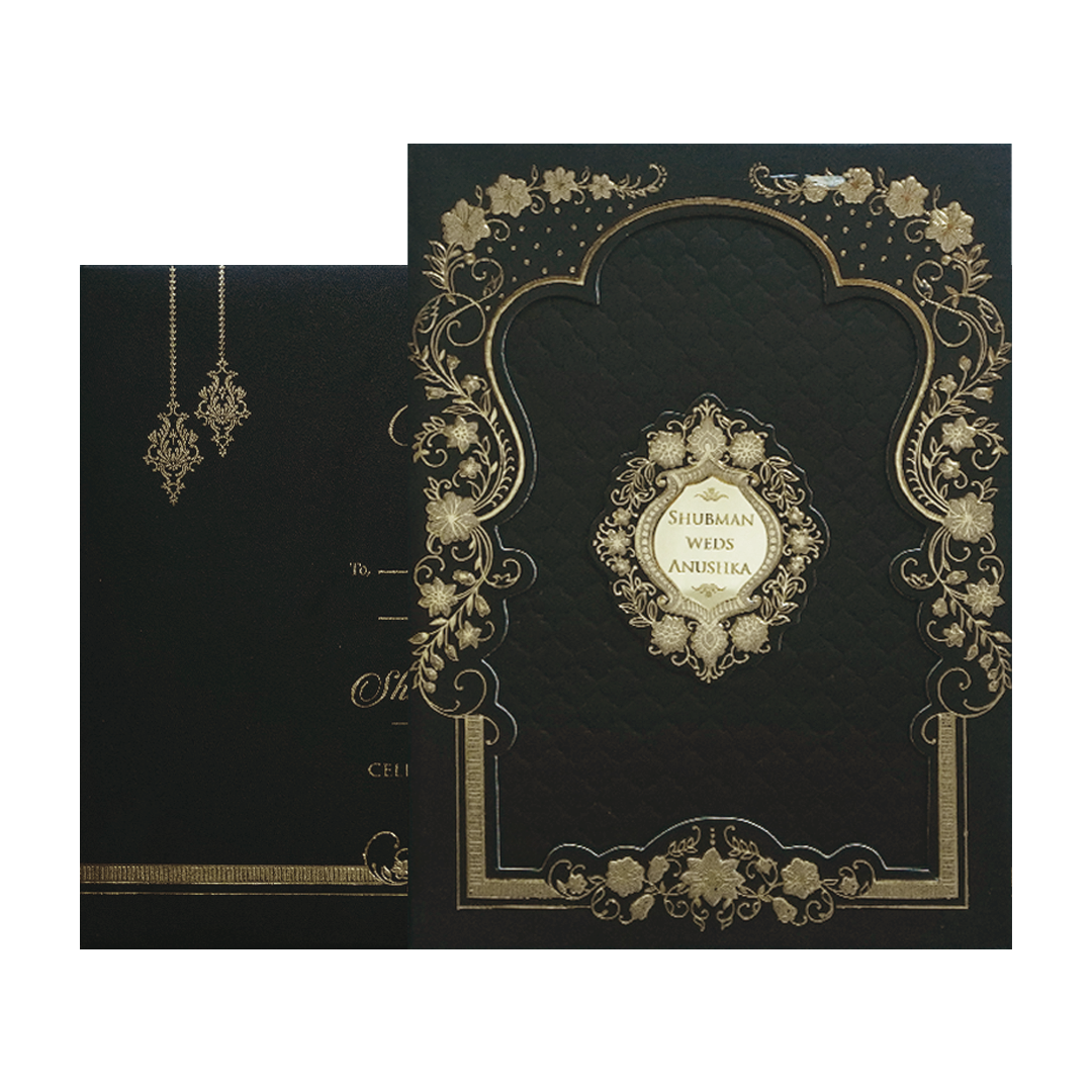 Luxurious Black Padded Gold Foil Embossed Wedding Invitation Card-KRB09682