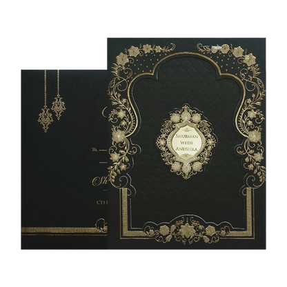 Luxurious Black Padded Gold Foil Embossed Wedding Invitation Card-KRB09682