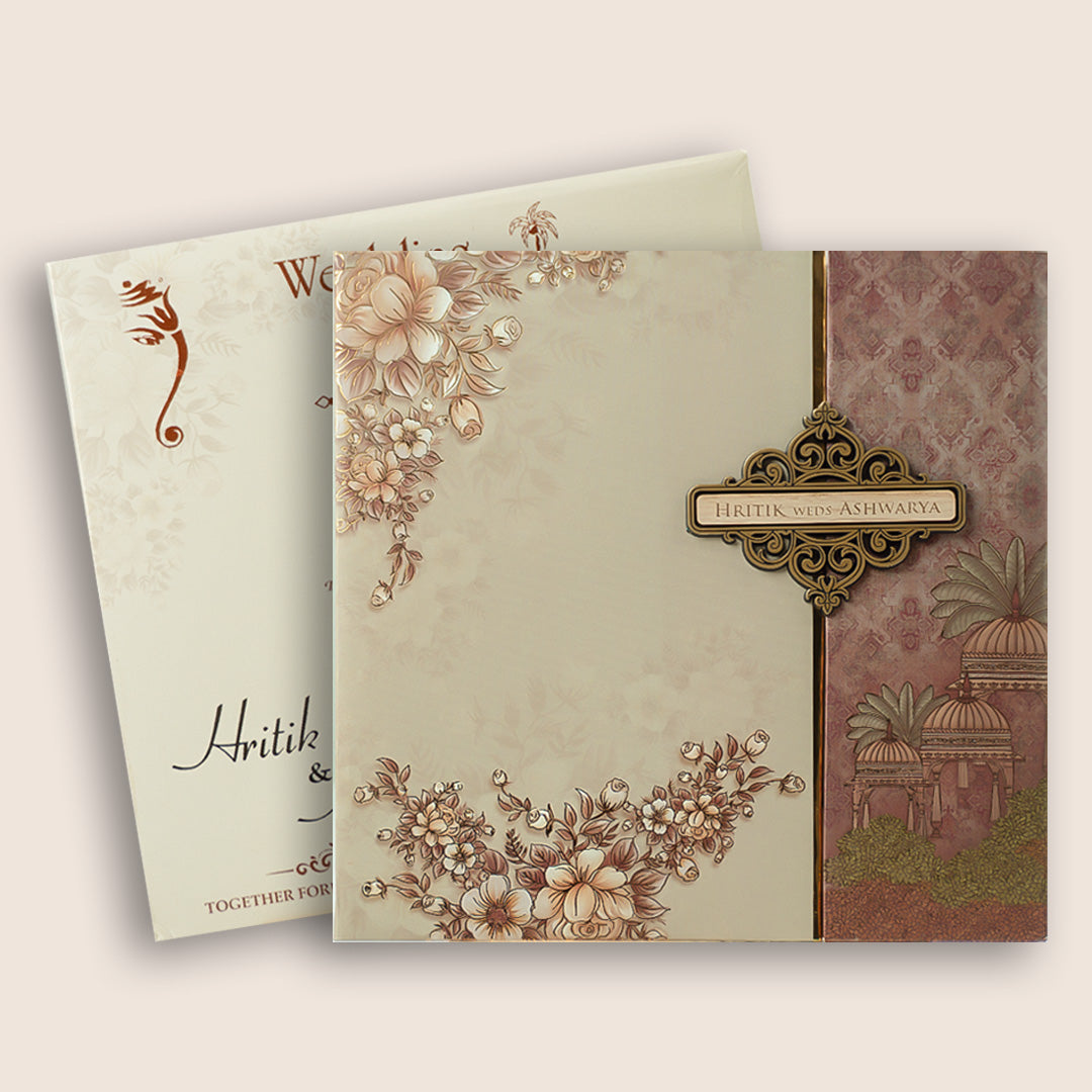 Beige Floral Padded Door Style Wedding Invitation  - KSH72980