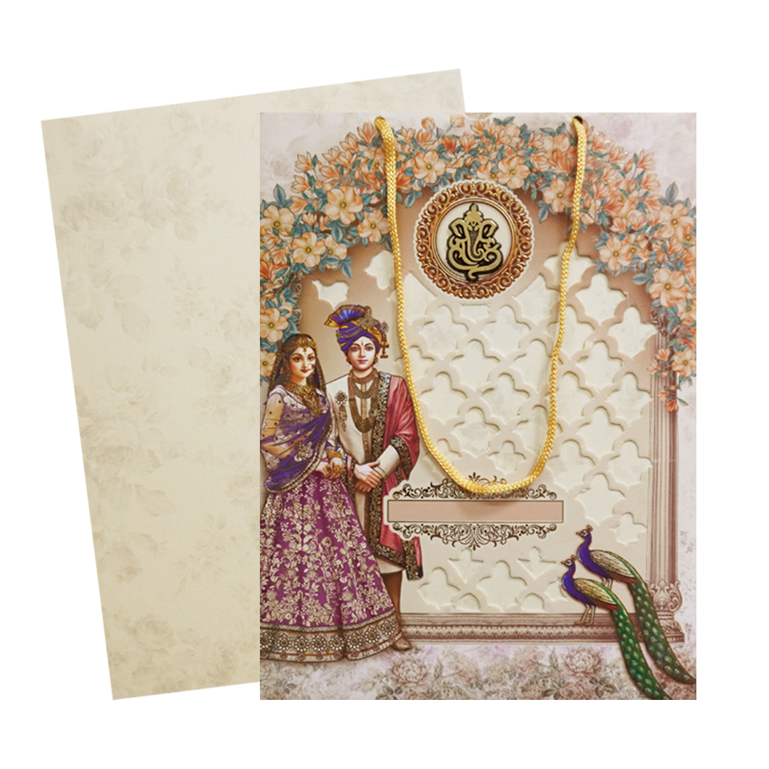 Cream Floral Couple Peacock Bag Wedding Card - KSH73210