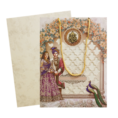 Cream Floral Couple Peacock Bag Wedding Card - KSH73210