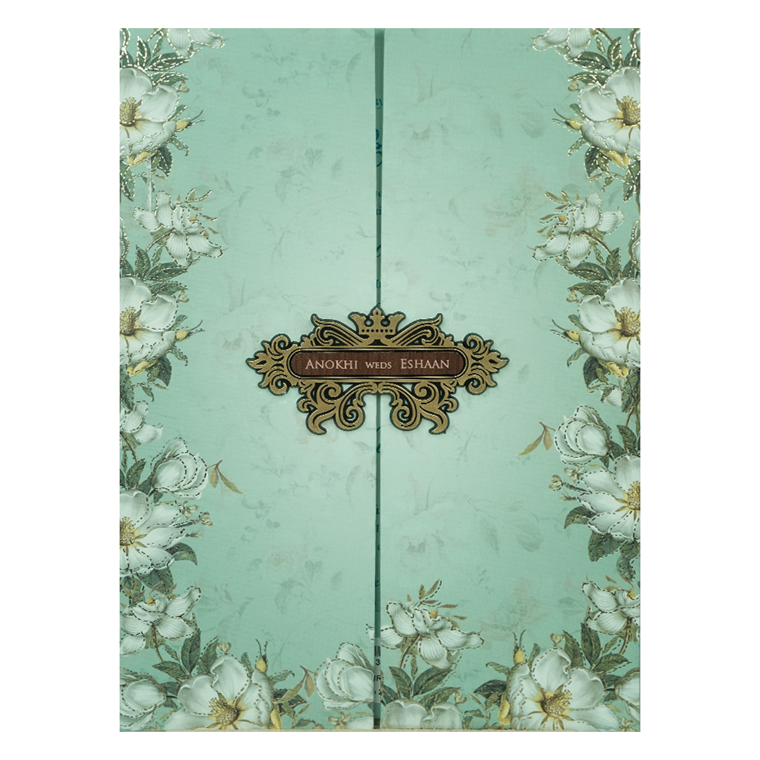 Pastel Blue Floral Wood Foil Padded Wedding Card-KJTS3659