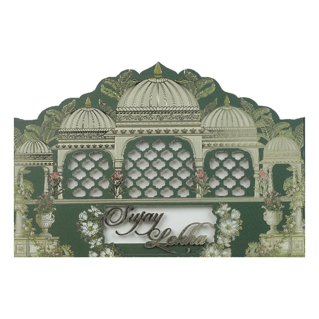 Royal Green Palace Cutout Wedding Card-KRE27310