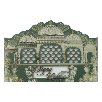 Royal Green Palace Cutout Wedding Card-KRE27310