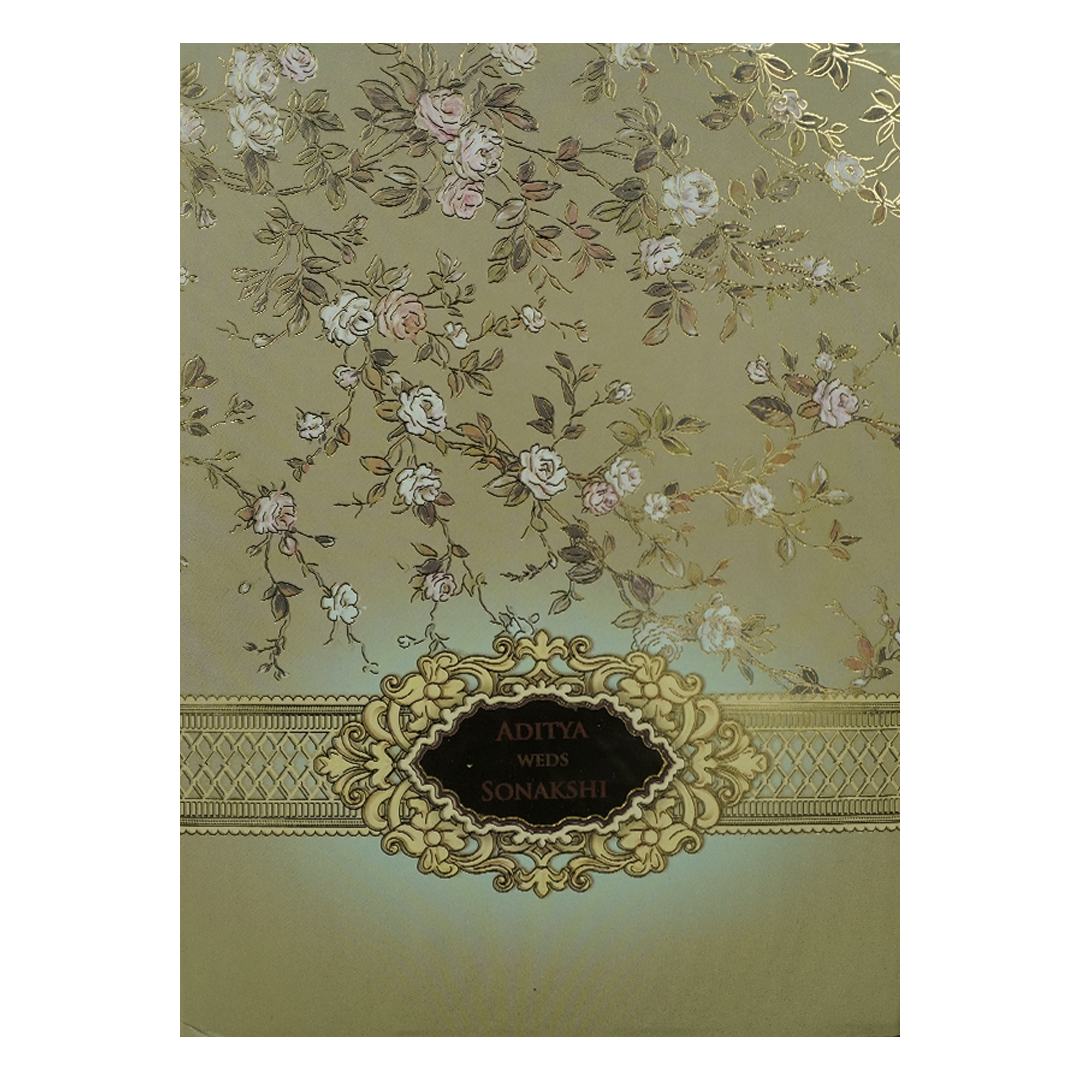 Green Floral Gold Frame Padded Wedding Card-KRE27260