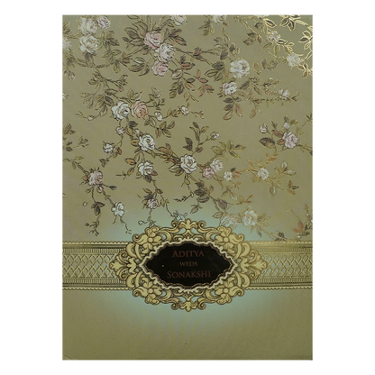 Green Floral Gold Frame Padded Wedding Card-KRE27260