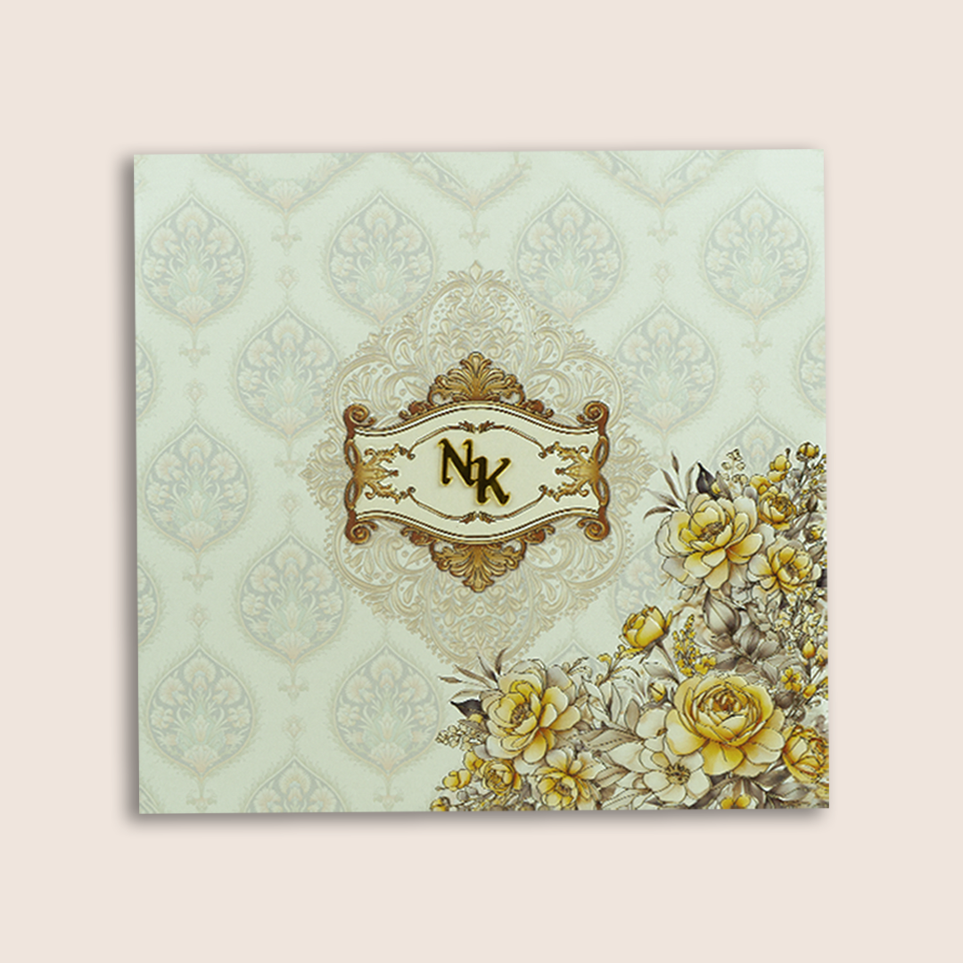 White Embossed Floral Padded Wedding Invitation Card - KPR024110