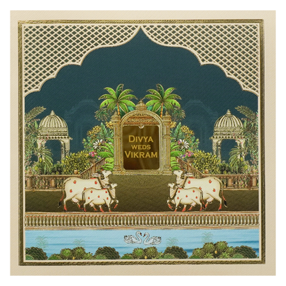 Navy Blue Kamadhenu Palm Wedding Card-KNKD8113