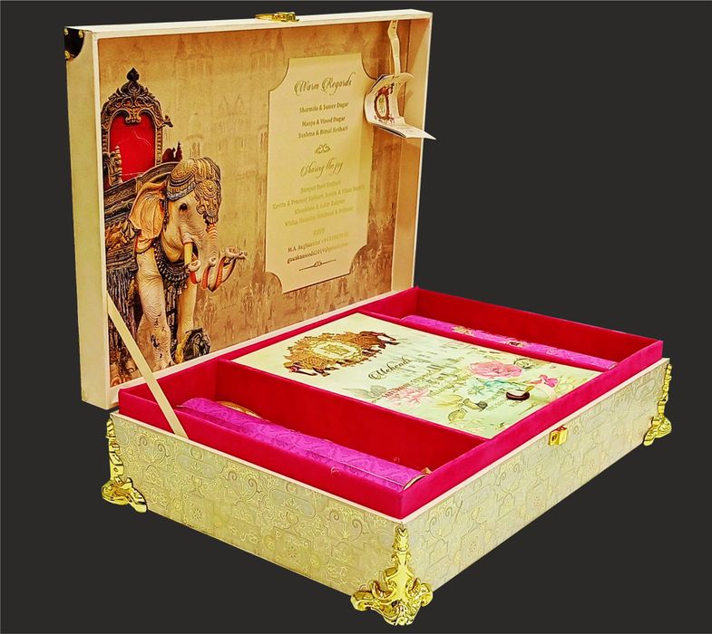 Cream Ultra Premium Box Invitation Card In Elephant Theme-KNKUP001-King of Cards