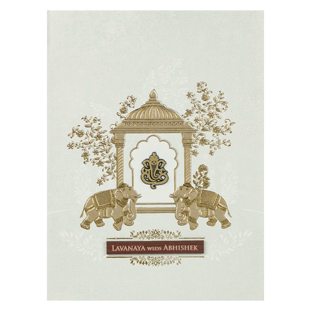 White Ganesha Arch Wedding Card-KRE27780