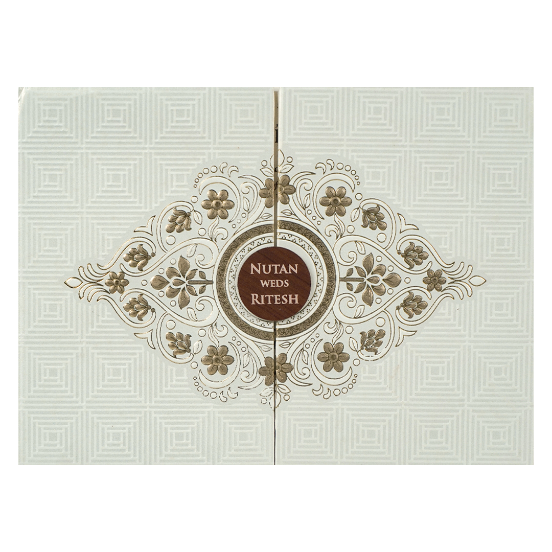 White Gold Embossed Floral Padded Wedding Card-KRE27400