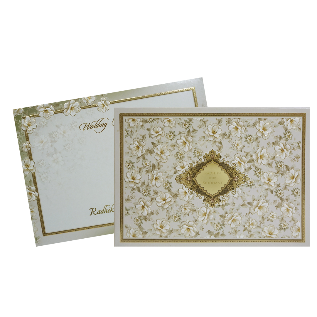 Grey Cream Floral Embossed Laser Cut Padded Wedding Card -KMMWD1143