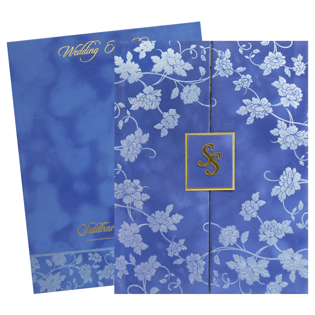 Blue Silver Floral Monogram Double Door Wedding Card - KMMWD1114