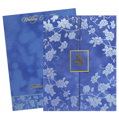Blue Silver Floral Monogram Double Door Wedding Card - KMMWD1114