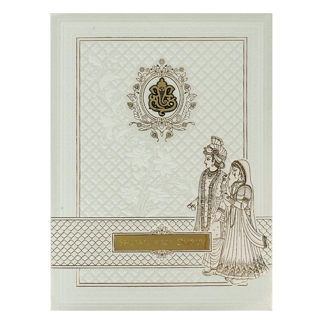 White Royal Couple Embossed Padded Wedding Card-KRE28140