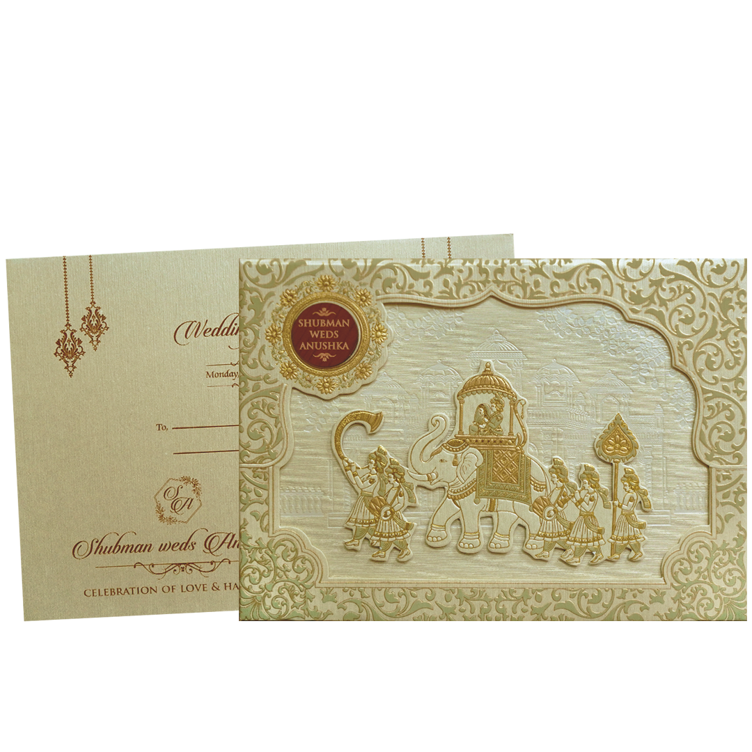 Royal Beige Embossed Gold Foil Wedding Invitation Card-KRB09780