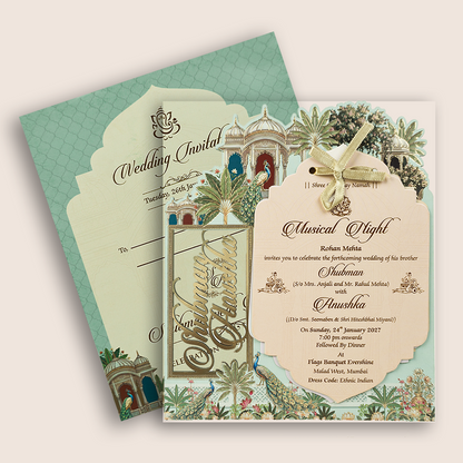 Teal Blue Jharokha MDF Laser Cut Wedding Invitation - KRB10070
