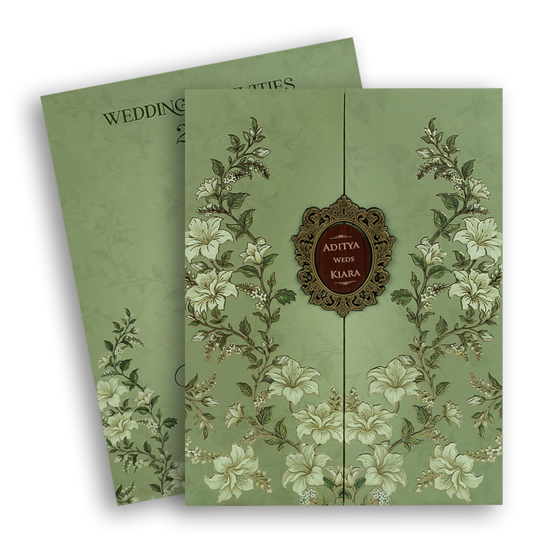 Green Embossed Lilly Flower Door Style Padded Wedding Card - KFR17510
