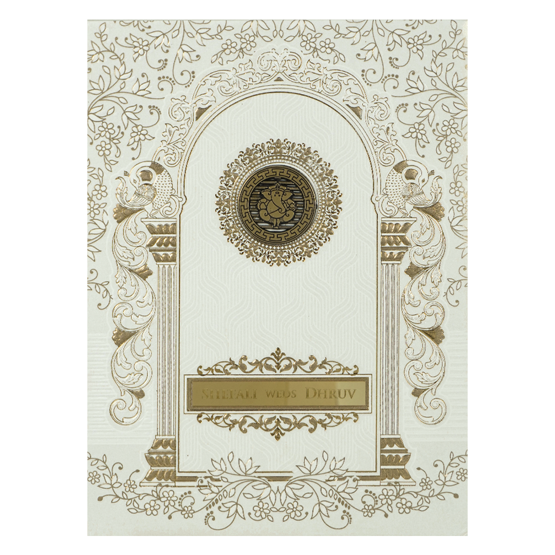 White Embossed Arch Padded Wedding card-KRE28150