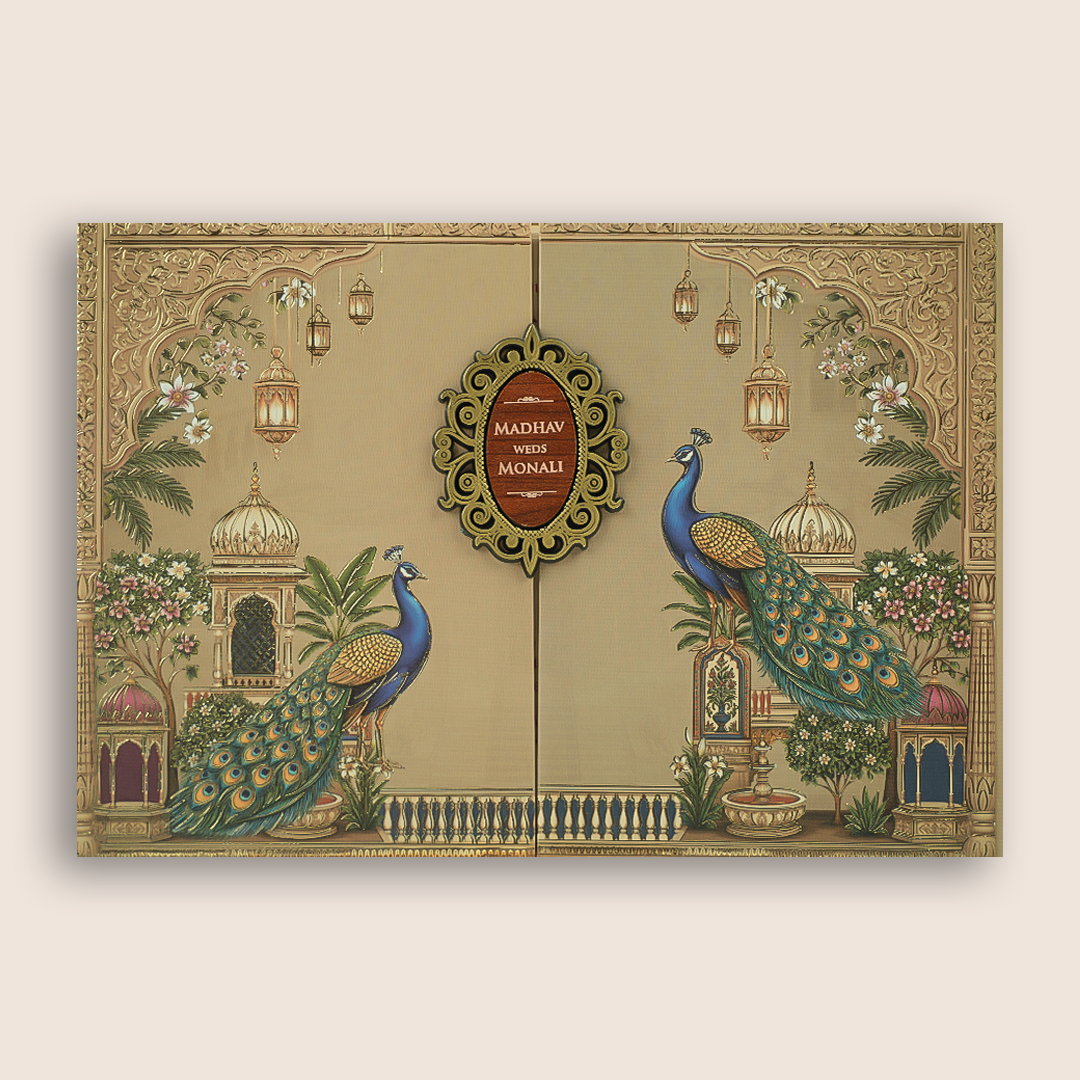 Beige Floral Padded Door Style Wedding Card - KJTS3693