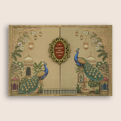 Beige Floral Padded Door Style Wedding Card - KJTS3693