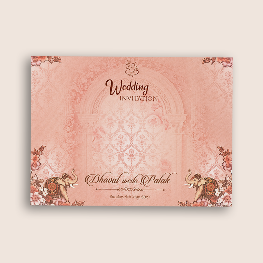 Pink Elephant Embossed Door Style Padded Wedding Card - KVN07910