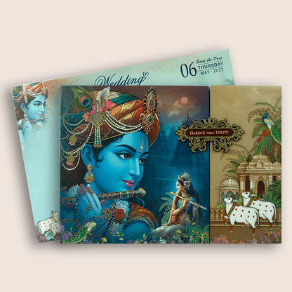 Blue Lord Radha Krishna Padded Door Style Invitation - KSH18190