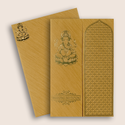 Brown Gold Ganesha Lattice Door Style Wedding Card - KNCM050G