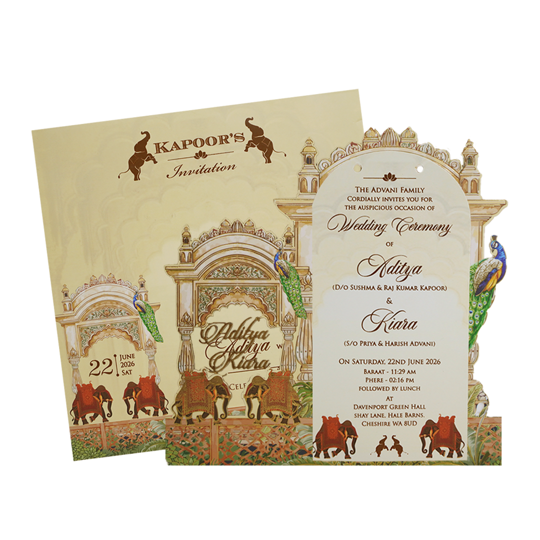 Cream Gold Palace Elephant Wedding Card - KFR15030