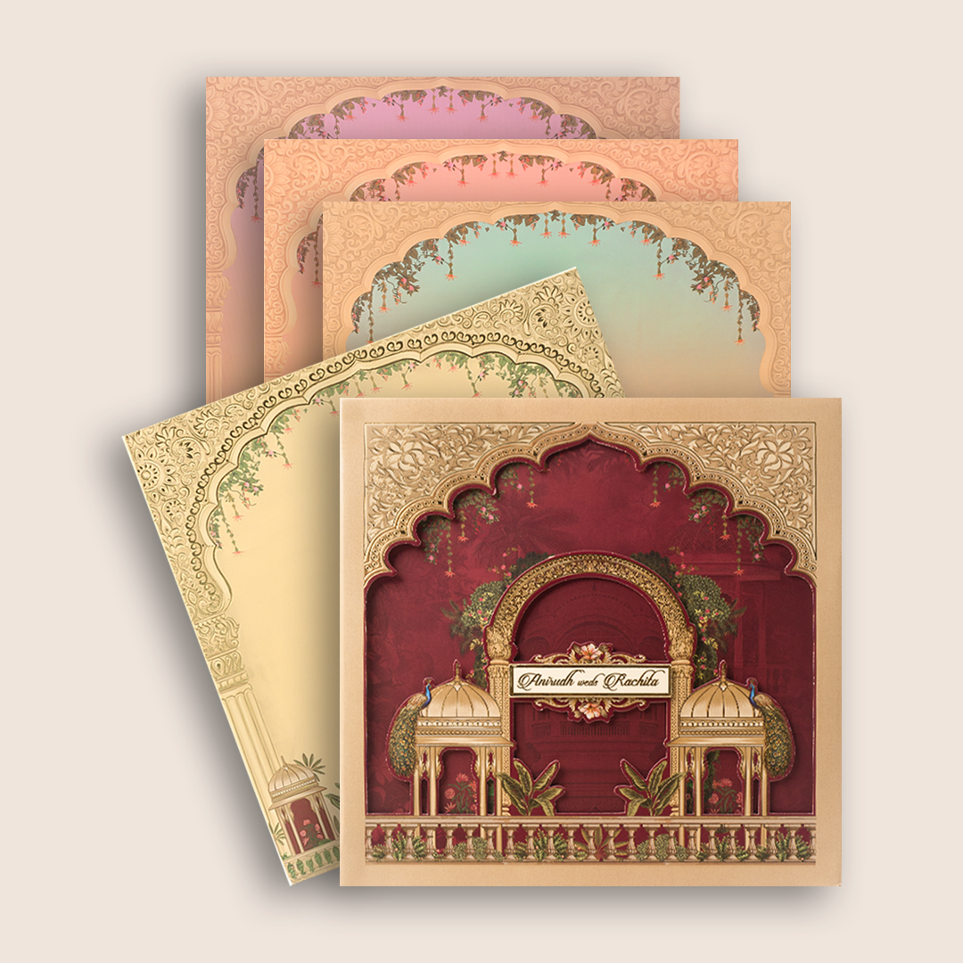 Maroon Jharokha Padded Laser Cut Wedding Card - KAA06250