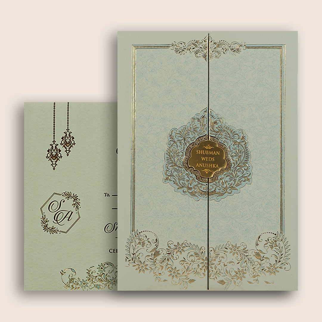 Grey Embossed Floral Door Style Padded Marriage Invitation - KRB10401