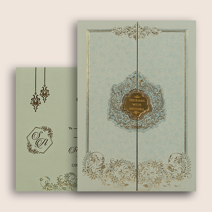 Grey Embossed Floral Door Style Padded Marriage Invitation - KRB10401