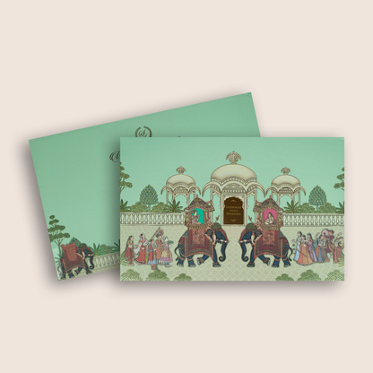 Green Bride Groom Royal Elephant Padded Wedding Card - KRE27150