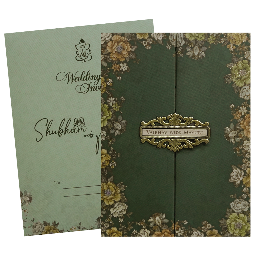 Green Floral Padded Wedding Card - KSH72580