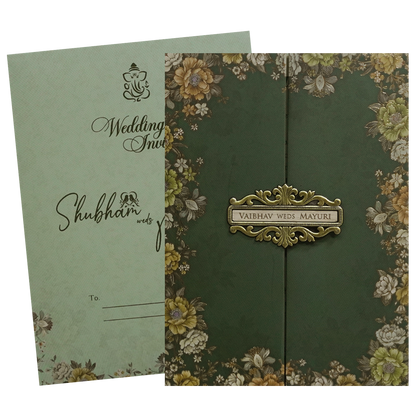 Green Floral Padded Wedding Card - KSH72580