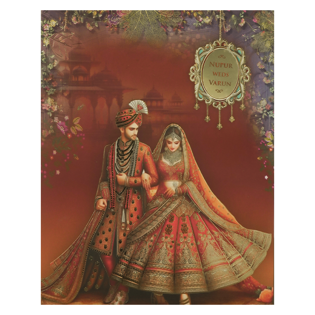 Maroon Royal Couple Padded Wedding card-KRE28030