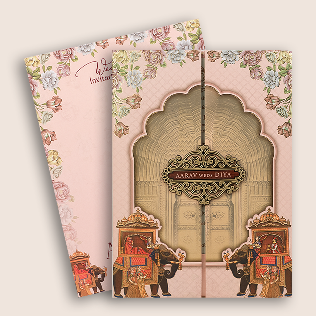 Pink Elephant Arch Padded Door Style Wedding Card - KVN07220