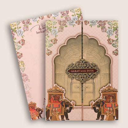 Pink Elephant Arch Padded Door Style Wedding Card - KVN07220