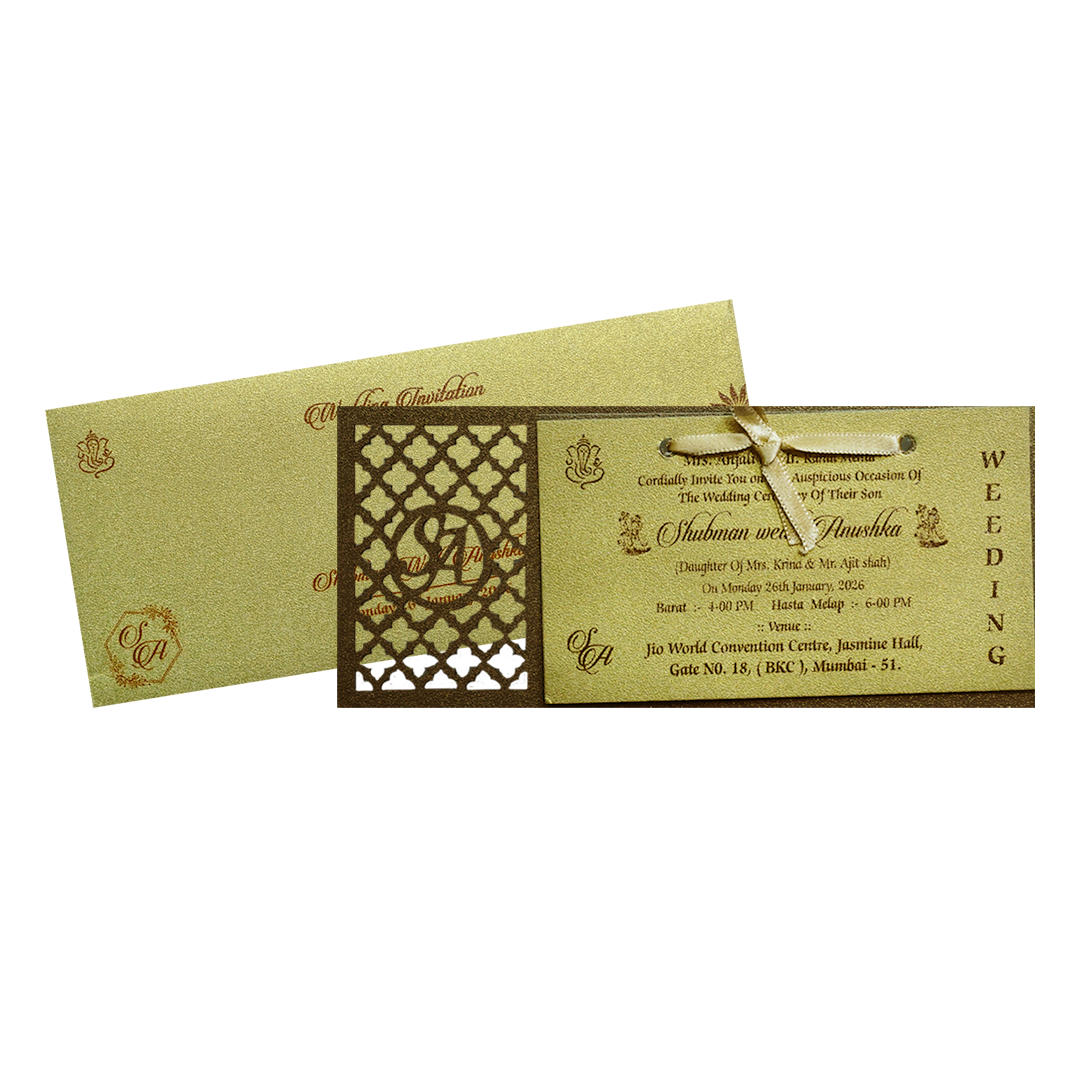 Gold MDF Laser Cutout Wedding Invitation Card with Custom Initials-KRB07030