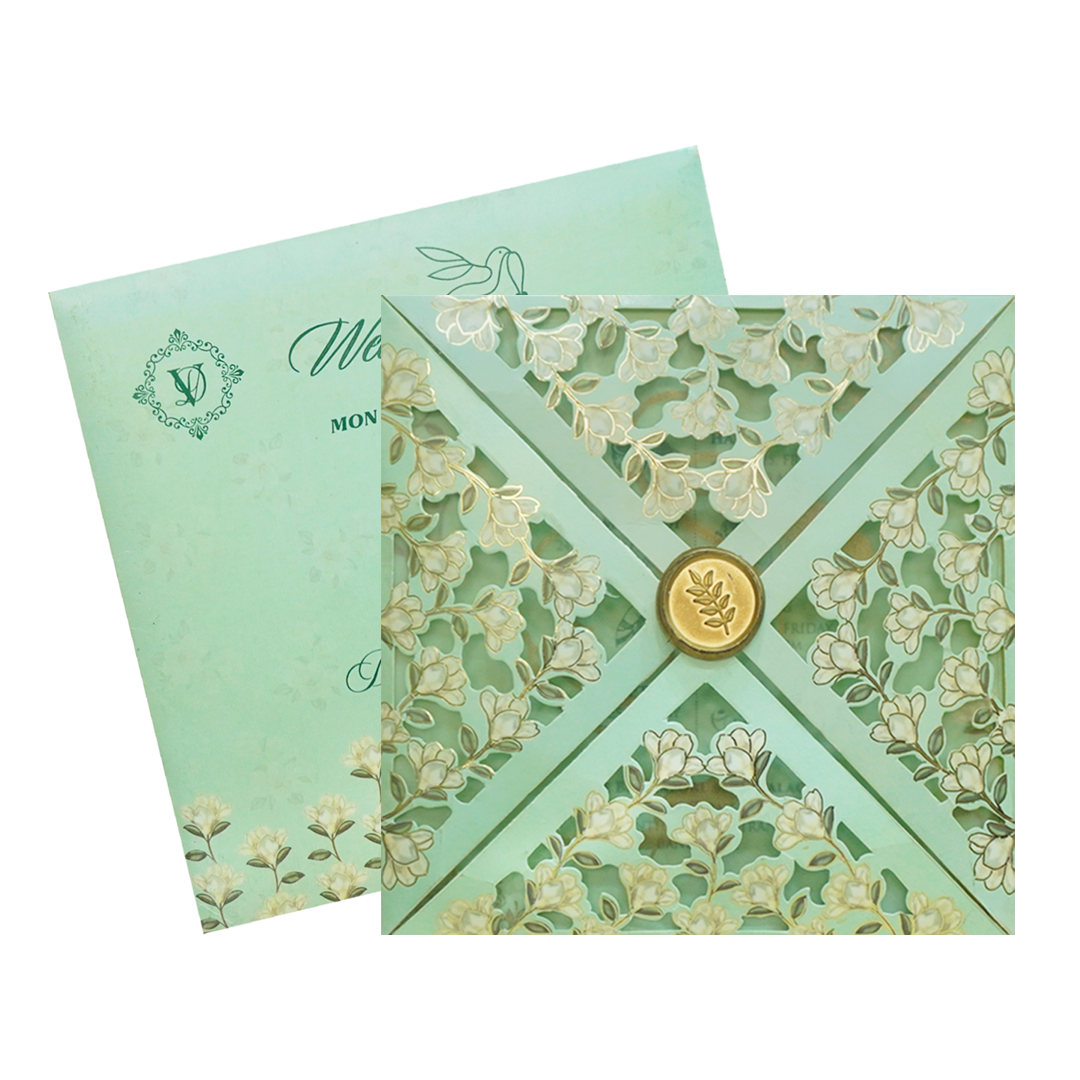 Green Floral Fancy Opening Wedding Card-King of Cards