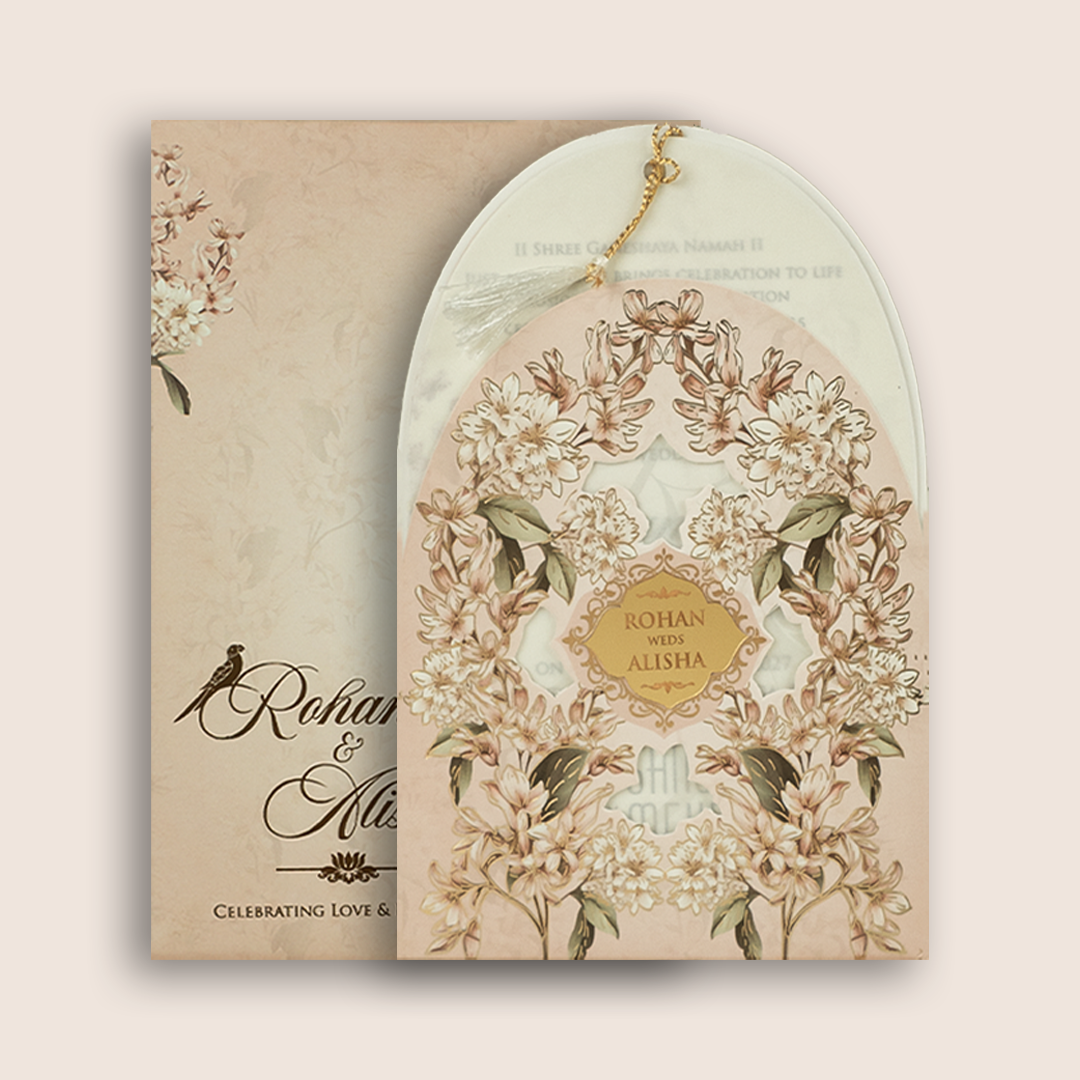 Pastel Pink Jasmine Flower Laser Cut Marriage Invitation - KFR17280