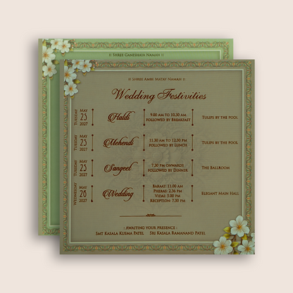 Olive Green Floral Padded Wedding Invitation Card - KRE29030