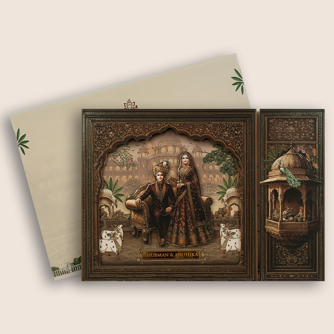 Dark Brown Laser Cut Bride Groom Door Style Padded Wedding Card - KRB105900