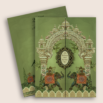 Green Elephant Door Style Padded Wedding Invitation - KFR17290